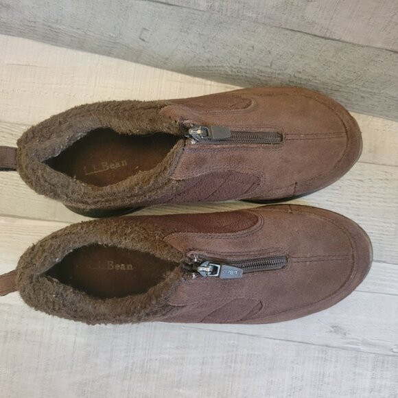 L.L.Bean Womens 6.5M Brown Suede Fur-Lined Slip-On Shoes With Rubber Outsoles - Picture 2 of 5
